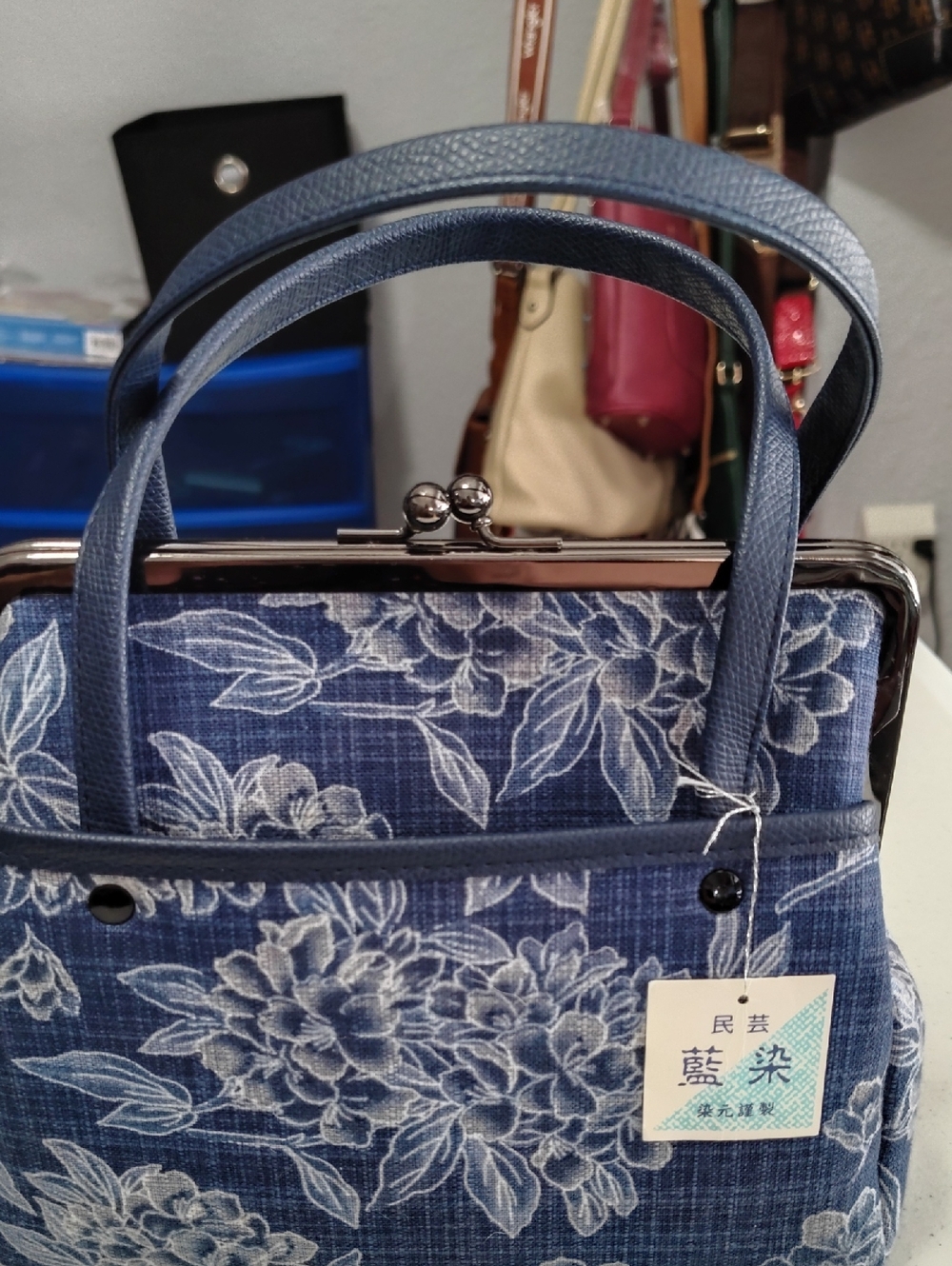 Blue Floral Frame-Top Handbag - Women's Tote